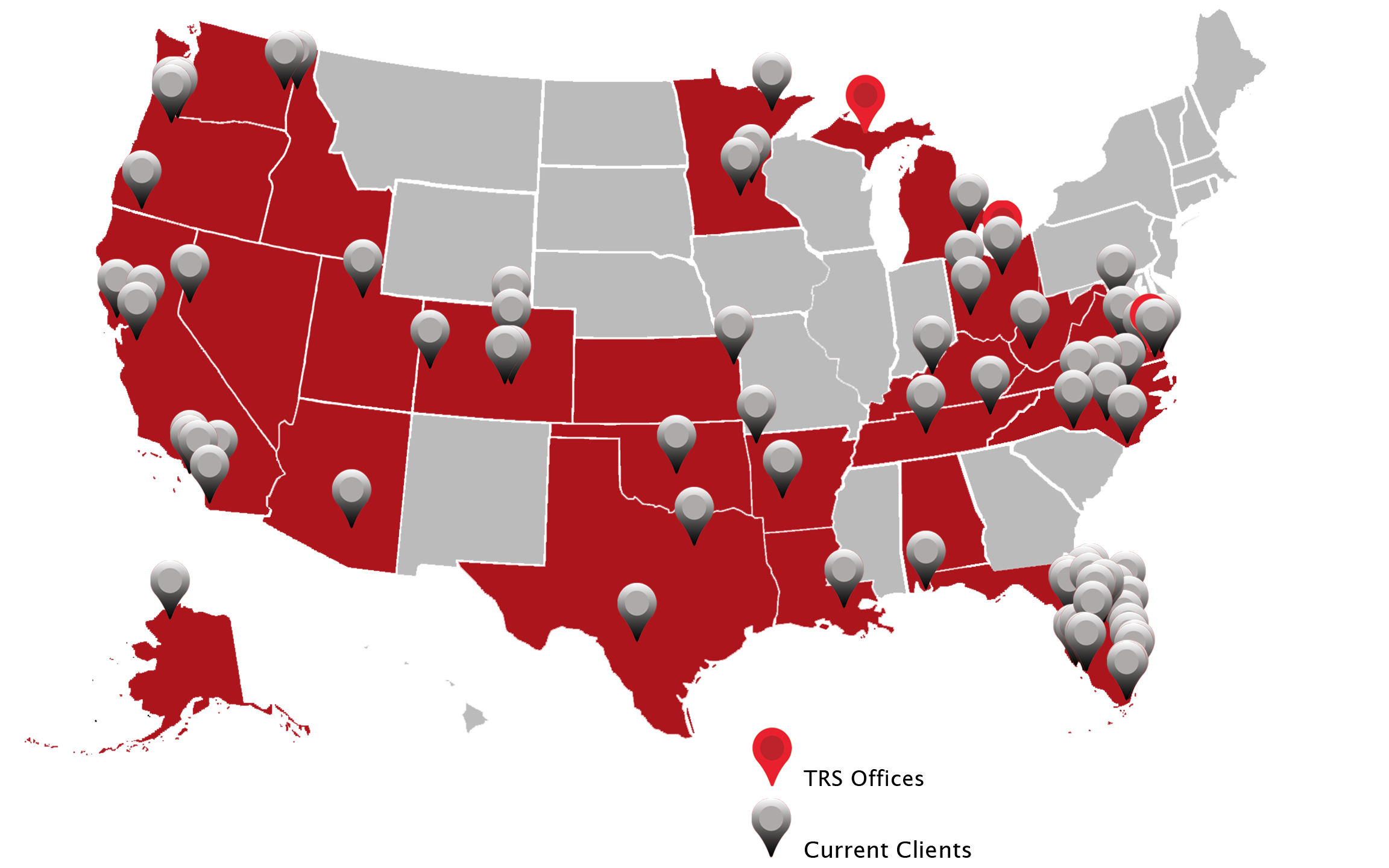 Map of the United States with markers placed at each client’s location. There are over 90 clients across 24 states.